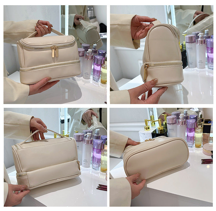 Beige Large Capacity Double Layer PU Leather Makeup Bag - Portable Travel Cosmetic Organizer Case 4