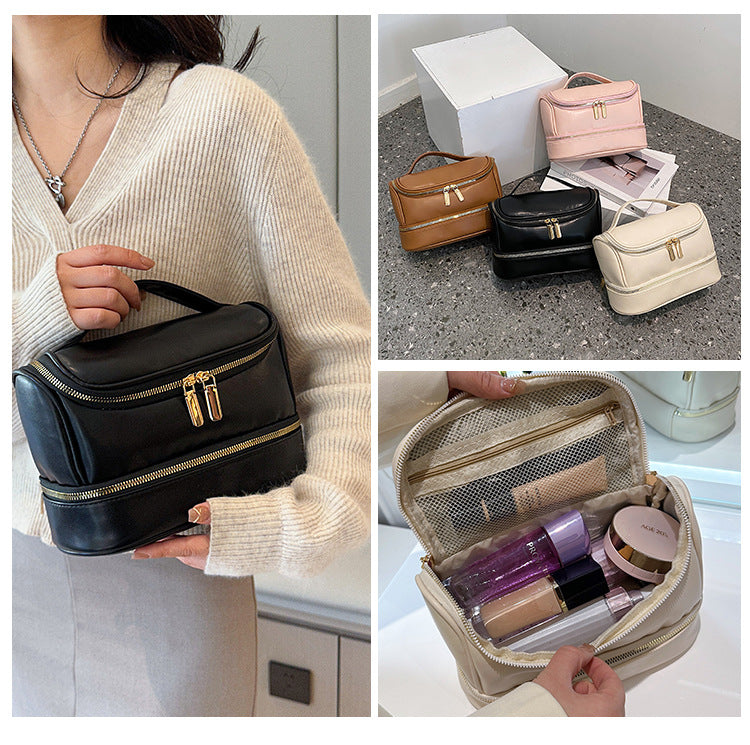 Pink Large Capacity Double Layer PU Leather Makeup Bag - Portable Travel Cosmetic Organizer Case 5