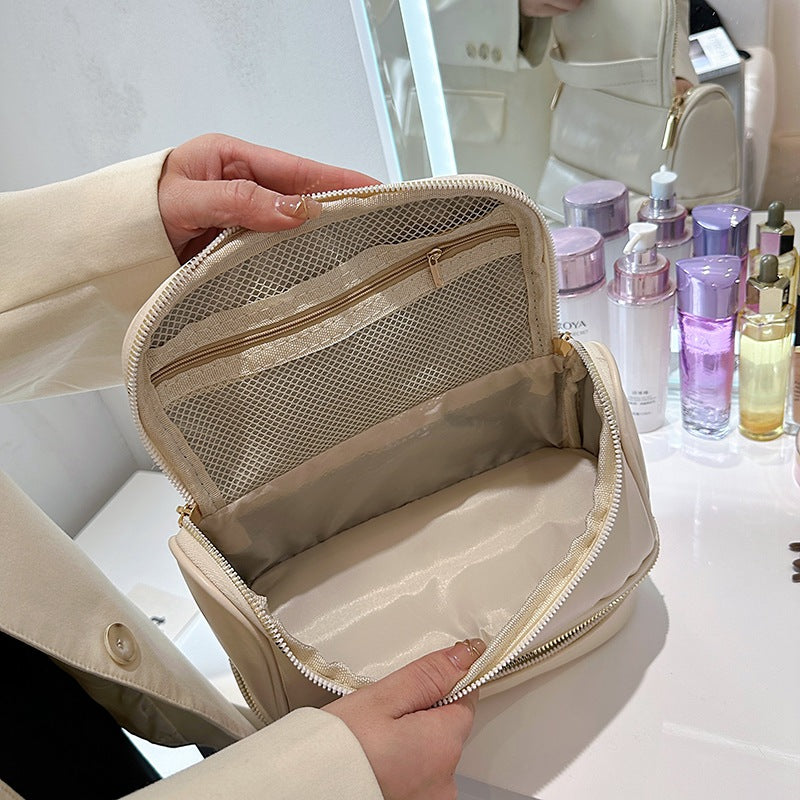 Brown Large Capacity Double Layer PU Leather Makeup Bag - Portable Travel Cosmetic Organizer Case 7