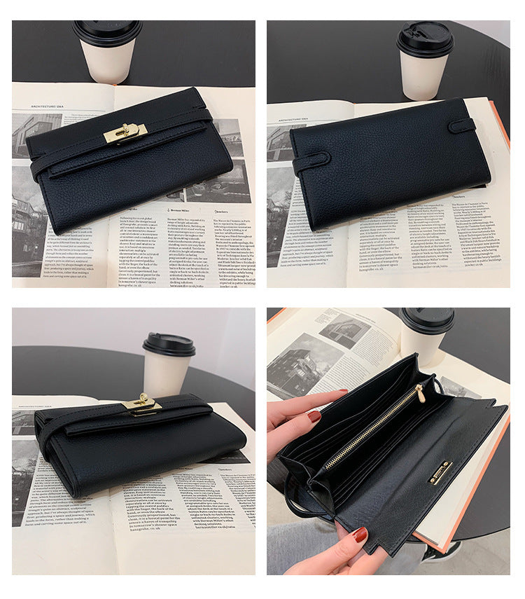 Beige Elegant Women's Turn Lock Long Wallet - Black PU Leather Clutch Purse with Card Slots & Zipper Pocket 3