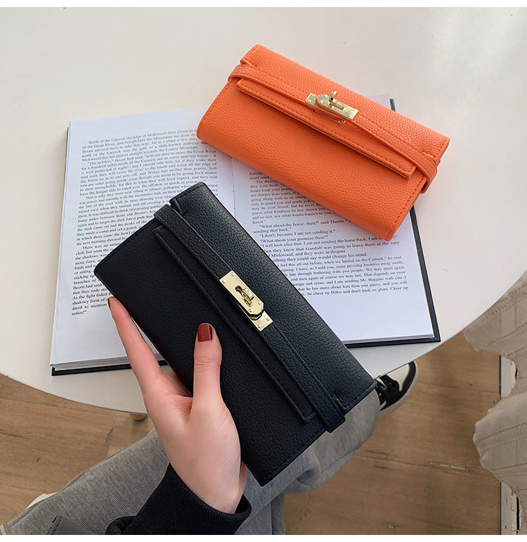 Beige Elegant Women's Turn Lock Long Wallet - Black PU Leather Clutch Purse with Card Slots & Zipper Pocket 4