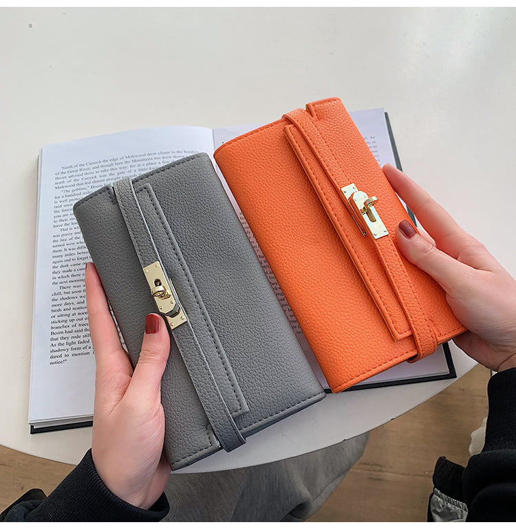 Beige Elegant Women's Turn Lock Long Wallet - Black PU Leather Clutch Purse with Card Slots & Zipper Pocket 6