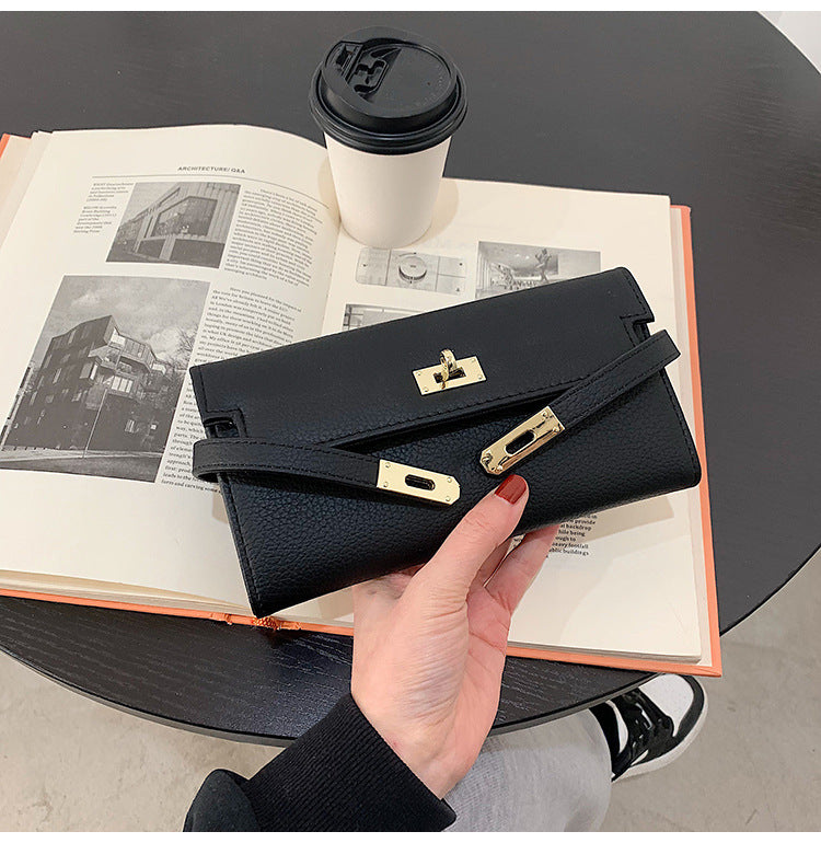 Beige Elegant Women's Turn Lock Long Wallet - Black PU Leather Clutch Purse with Card Slots & Zipper Pocket 7