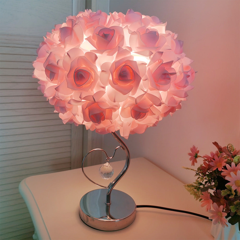 Beige Roses And Silver Base Romantic Red Rose Flower Table Lamp - Crystal Heart Accent Bedside Night Light 5