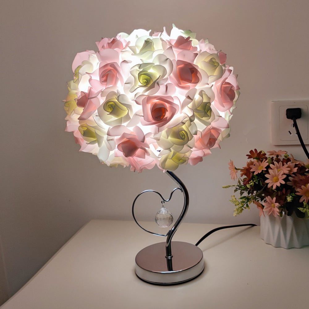 Beige Roses And Silver Base Romantic Red Rose Flower Table Lamp - Crystal Heart Accent Bedside Night Light 6