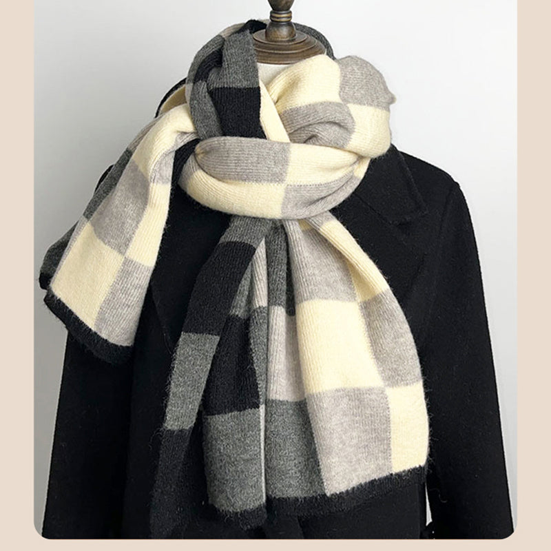 Coffee,Grey And Beige Unisex Retro Checkered Knit Scarf - Soft Thick Winter Shawl Wrap 3