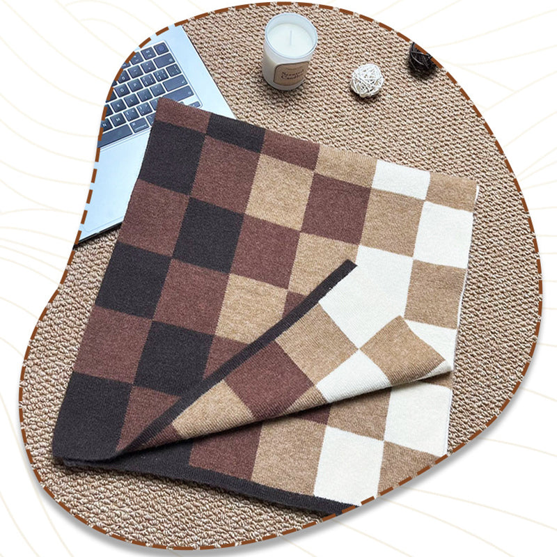 Coffee,Grey And Beige Unisex Retro Checkered Knit Scarf - Soft Thick Winter Shawl Wrap 4