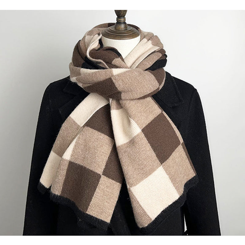 Coffee,Grey And Beige Unisex Retro Checkered Knit Scarf - Soft Thick Winter Shawl Wrap 6