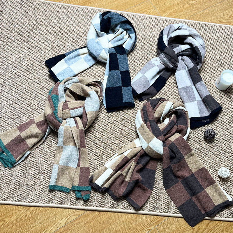Brown,Khaki And Green Unisex Retro Checkered Knit Scarf - Soft Thick Winter Shawl Wrap