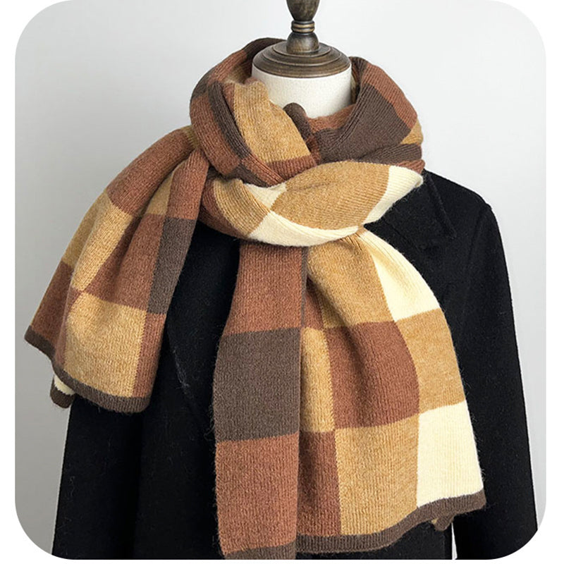 Black,Grey And Beige Unisex Retro Checkered Knit Scarf - Soft Thick Winter Shawl Wrap 5