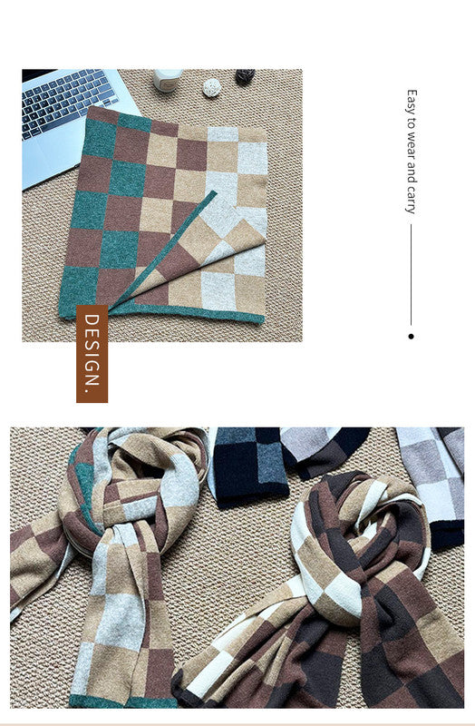 Coffee,Brown And Beige Unisex Retro Checkered Knit Scarf - Soft Thick Winter Shawl Wrap 7