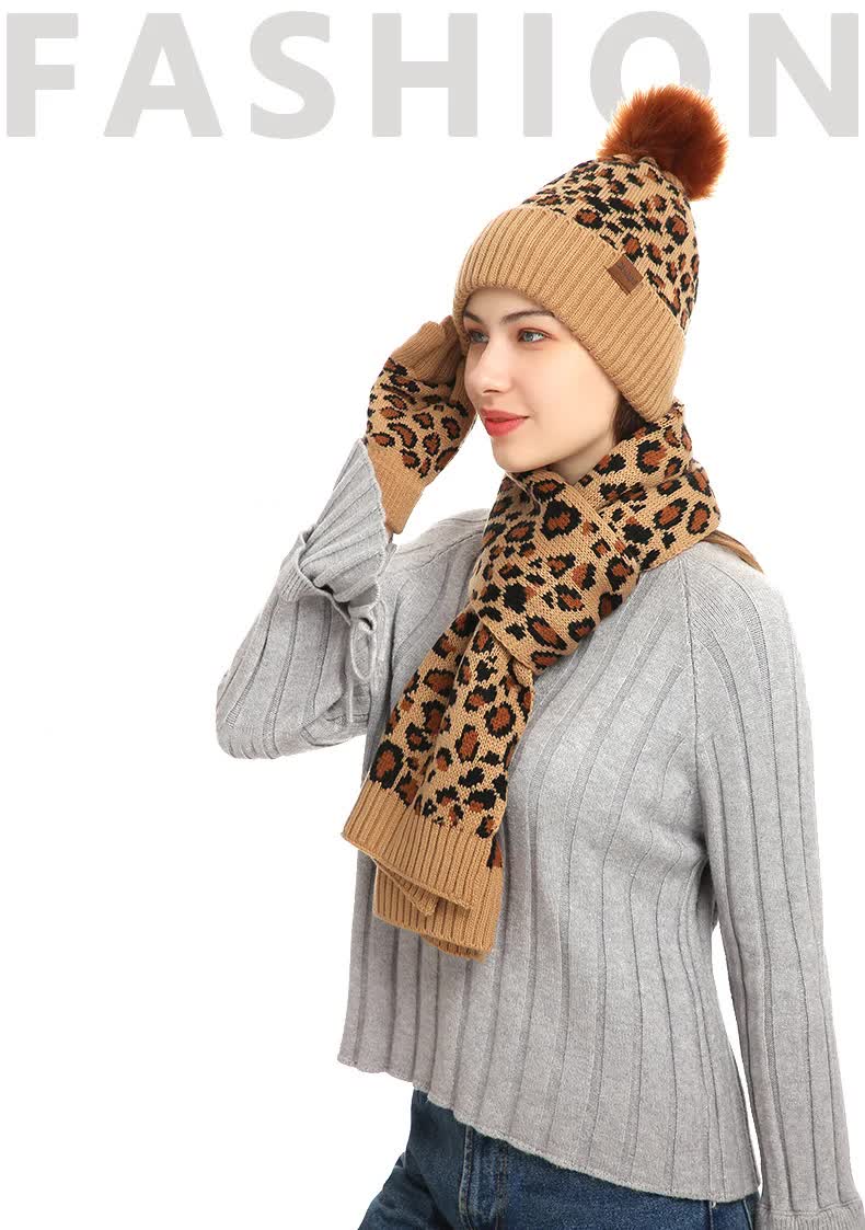 Light Grey Women's 3-Piece Winter Knit Set - Leopard Print Plush Lined Beanie Hat, Scarf & Touchscreen Gloves 4
