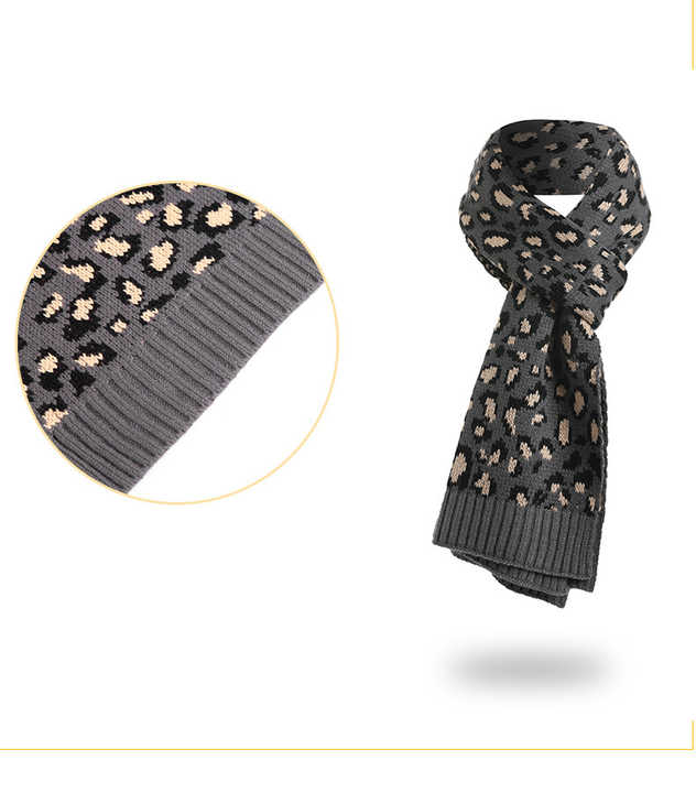 Light Grey Women's 3-Piece Winter Knit Set - Leopard Print Plush Lined Beanie Hat, Scarf & Touchscreen Gloves 7