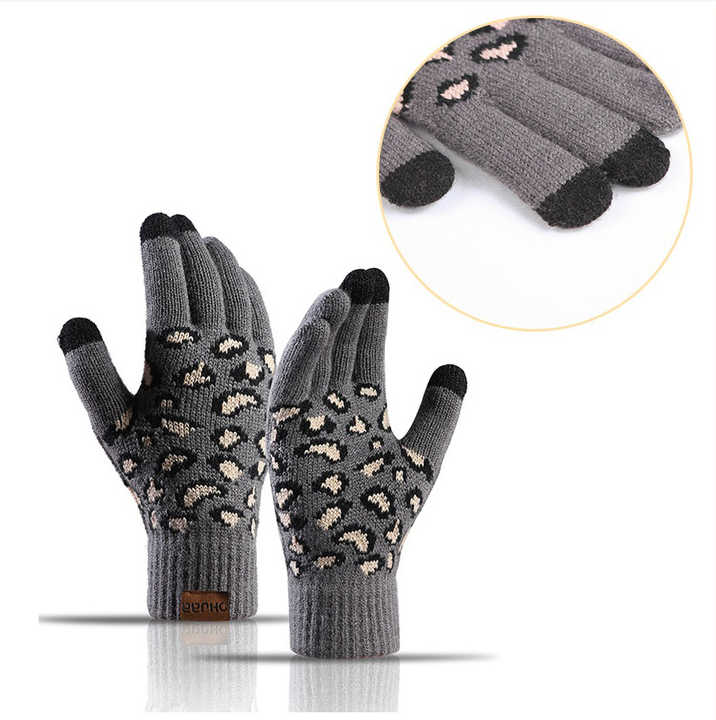 Dark Grey Women's 3-Piece Winter Knit Set - Leopard Print Plush Lined Beanie Hat, Scarf & Touchscreen Gloves 8