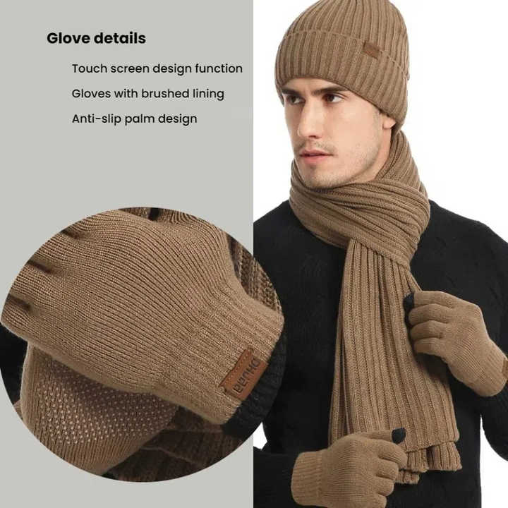Wine Red Men's 3-Piece Winter Warm Ribbed Knit Beanie Hat Scarf and Gloves Set 3