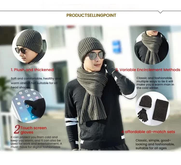 Wine Red Men's 3-Piece Winter Warm Ribbed Knit Beanie Hat Scarf and Gloves Set 4