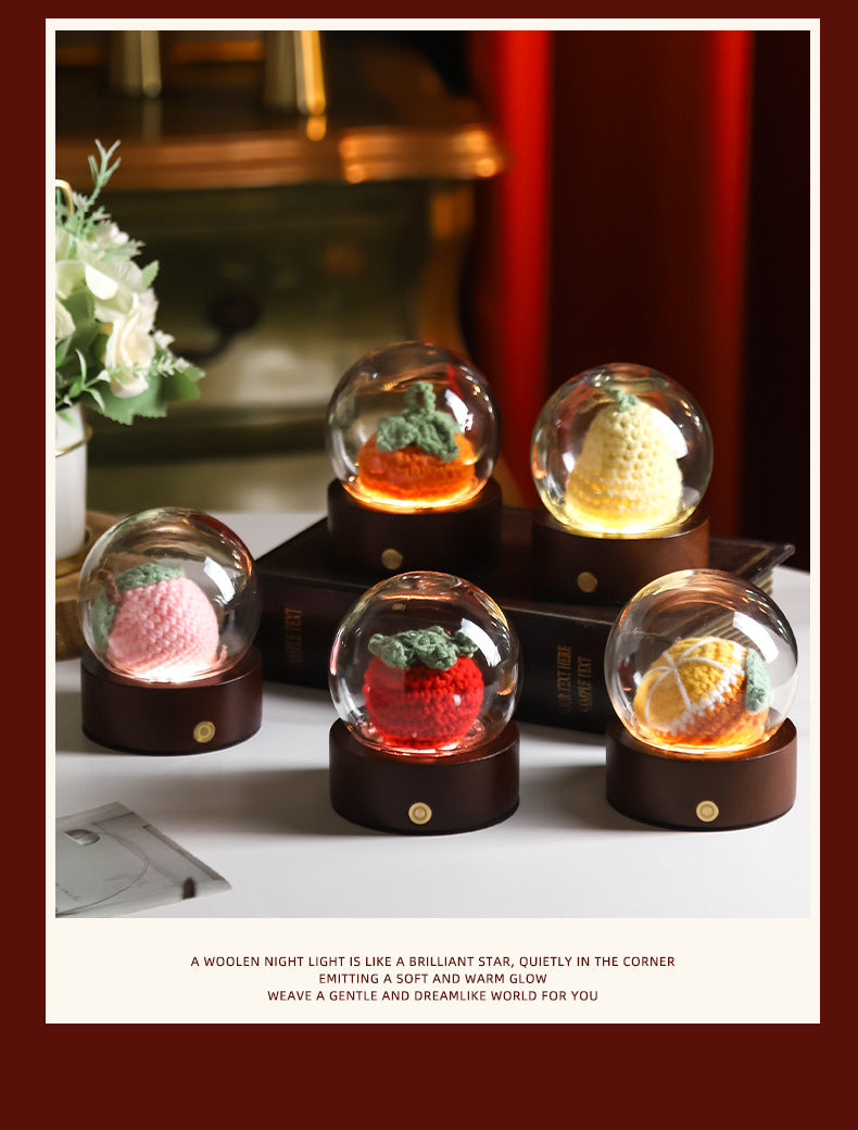 Purple Rose Handcrafted Crochet Flower LED Night Light - USB Rechargeable Glass Dome Lamp with Wood Base, 3 Color Modes