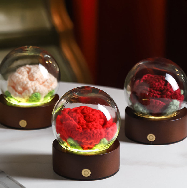 Purple Rose Handcrafted Crochet Flower LED Night Light - USB Rechargeable Glass Dome Lamp with Wood Base, 3 Color Modes 3