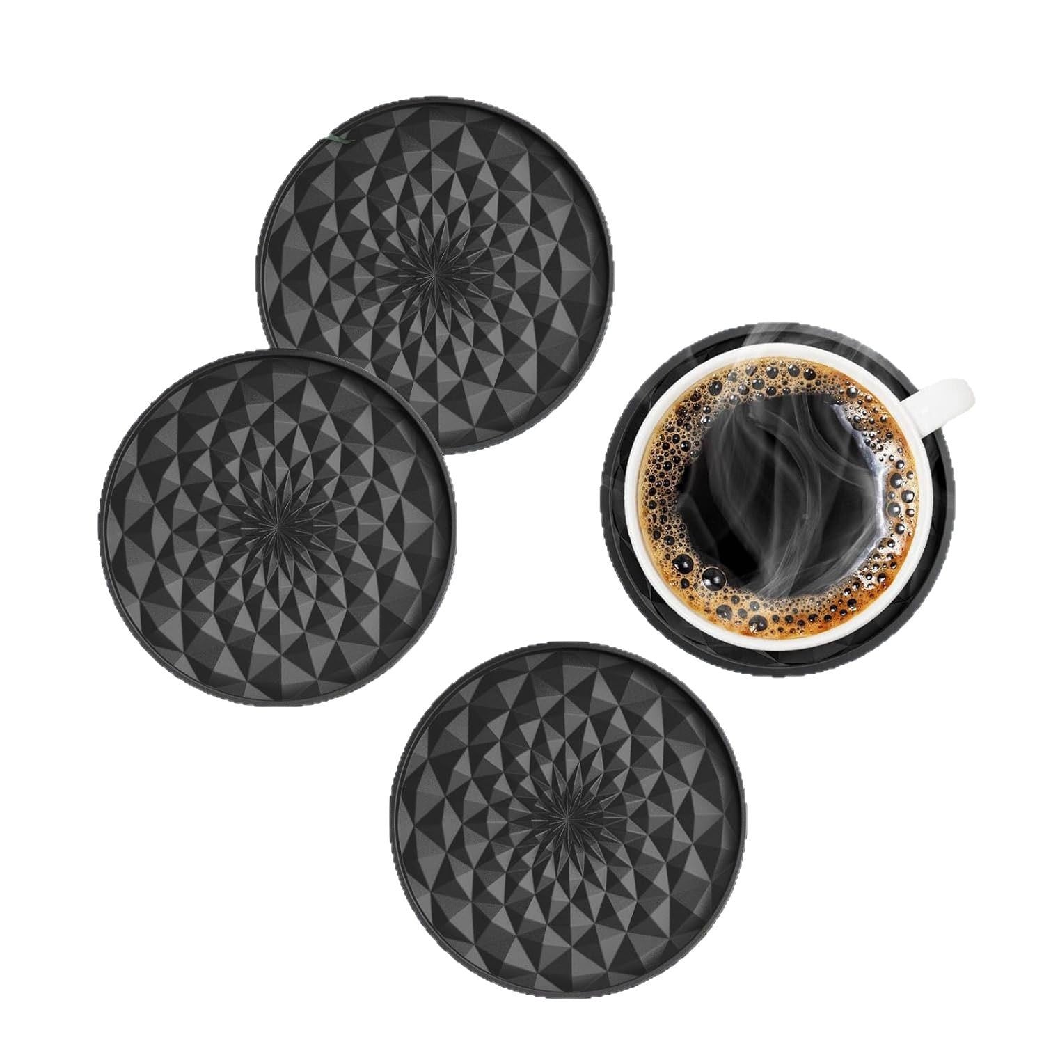Black Geometric Silicone Drink Coasters Set (6 Pack) with Holder - Non-Slip Table Protectors