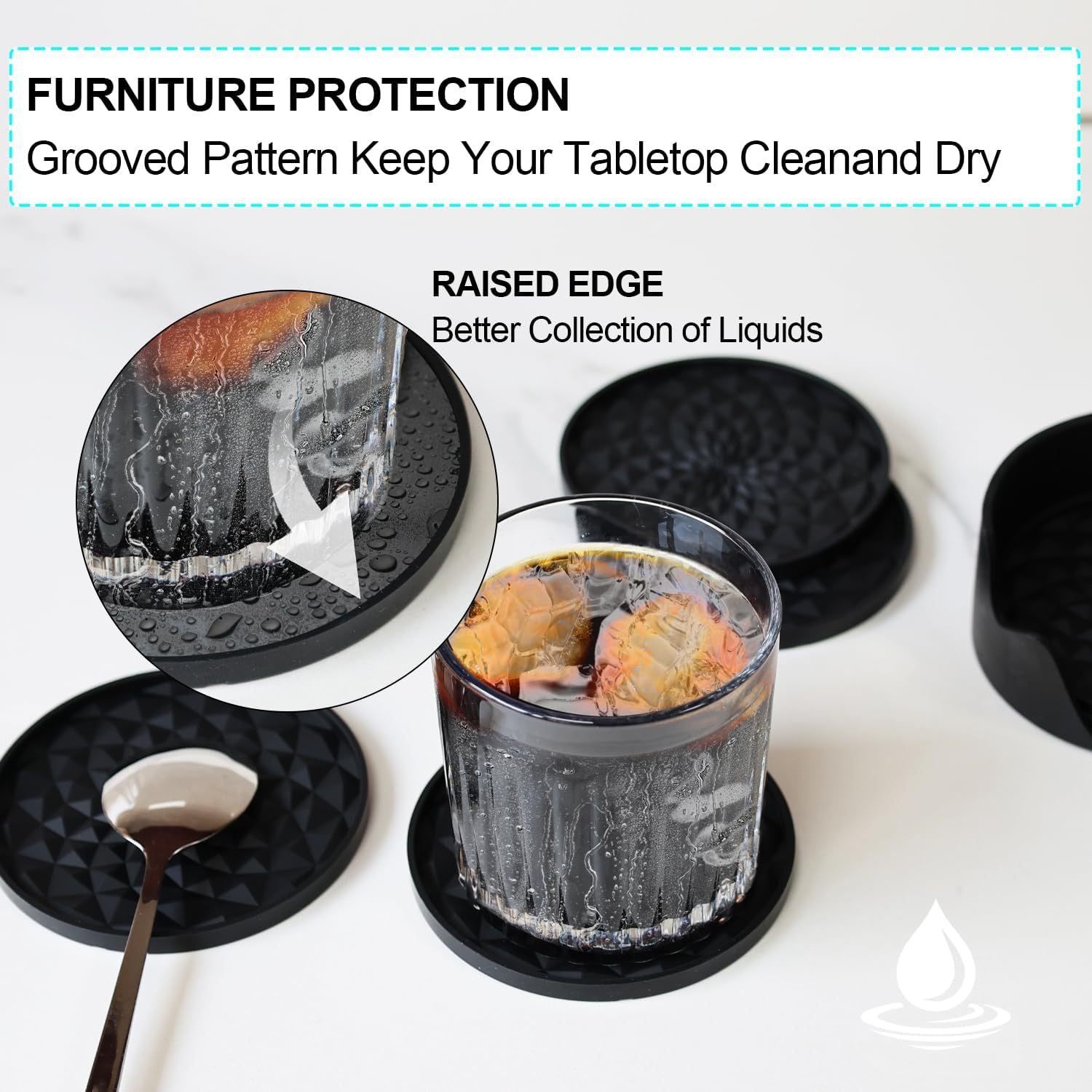 Black Geometric Silicone Drink Coasters Set (6 Pack) with Holder - Non-Slip Table Protectors 5