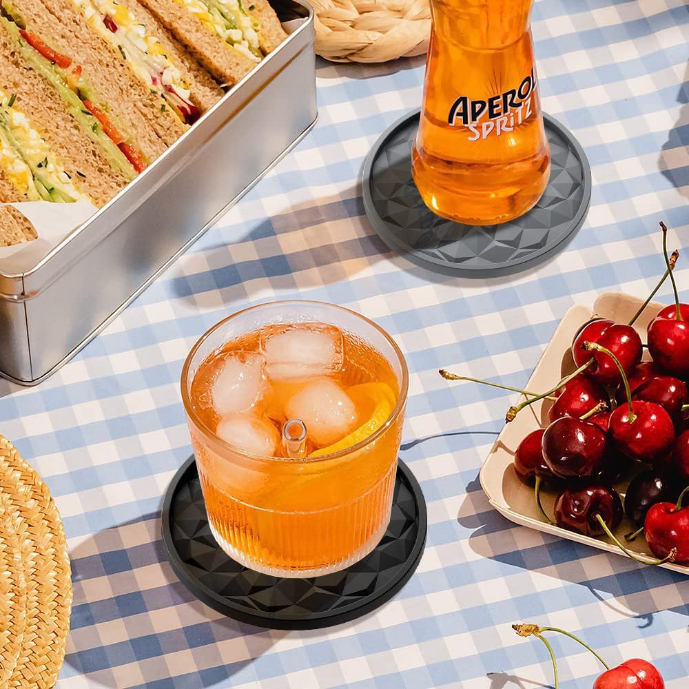 Black Geometric Silicone Drink Coasters Set (6 Pack) with Holder - Non-Slip Table Protectors 8