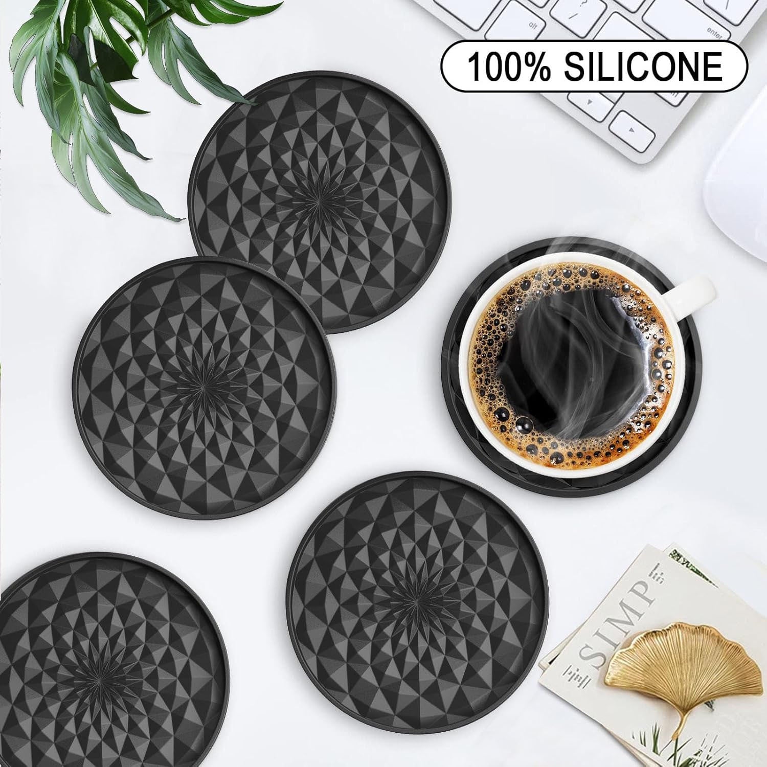 Grey and Black Geometric Silicone Drink Coasters Set (6 Pack) with Holder - Non-Slip Table Protectors 6