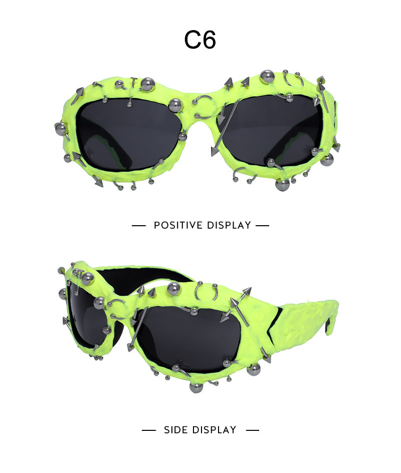 Bright Green Edgy Punk Rock Spiked Sunglasses - Statement Goth Studded Eyewear