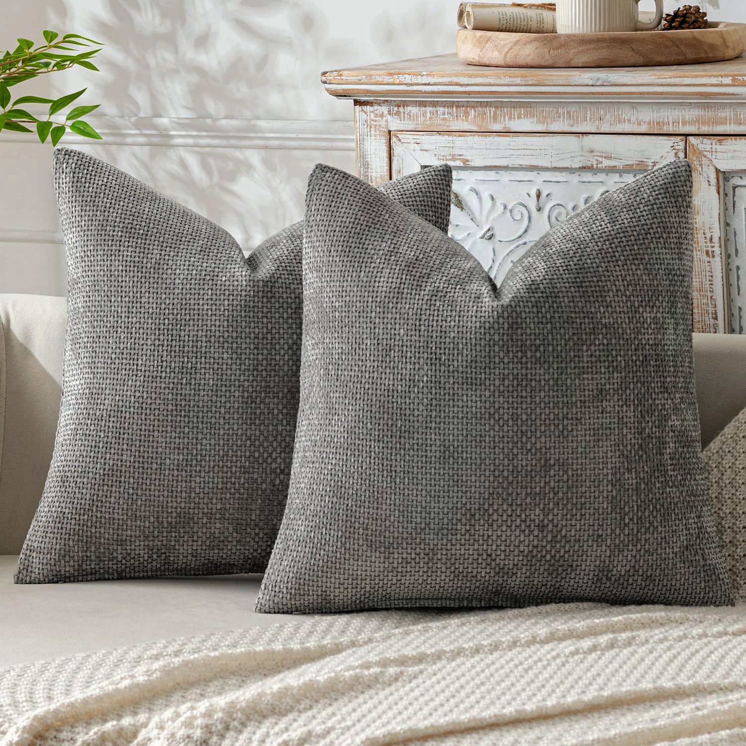 Grey Plush Chenille Cushion Covers Set of 2 - Soft Textured Decorative Throw Pillow Cases for Sofa Couch, 45x45cm