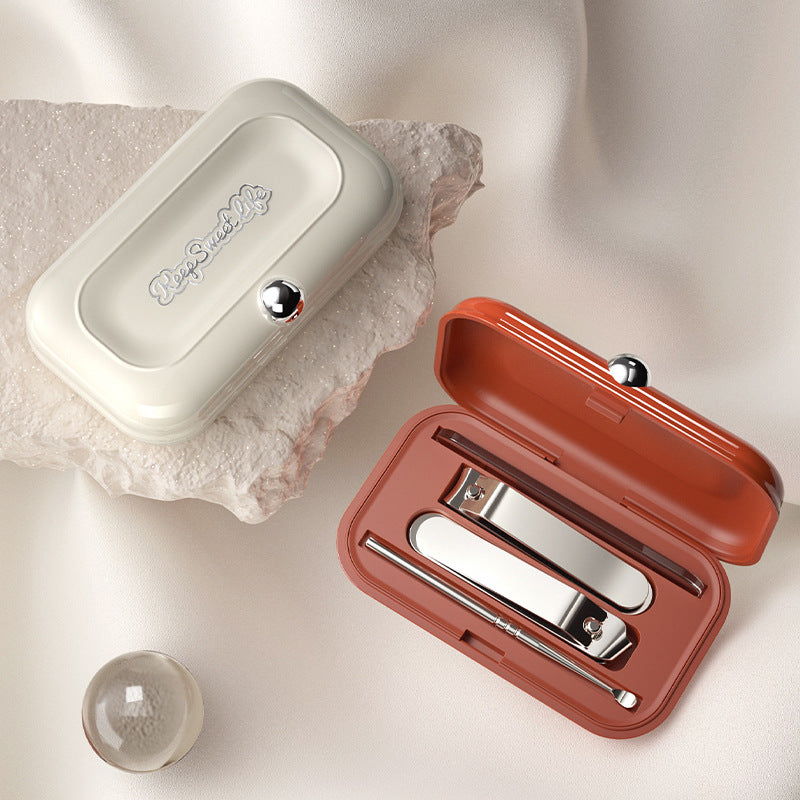 2 Sets Beige Portable 4-Piece Manicure Set - Compact Nail Grooming Kit with Stainless Steel Clippers, File & Stylish Case