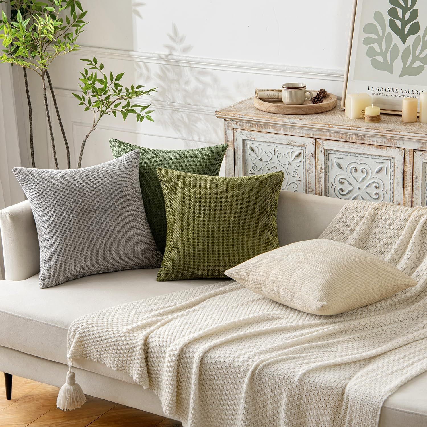 Light Green Plush Chenille Cushion Covers Set of 2 - Soft Textured Decorative Throw Pillow Cases for Sofa Couch, 45x45cm 4