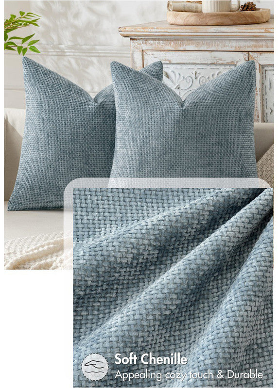 Light Blue Plush Chenille Cushion Covers Set of 2 - Soft Textured Decorative Throw Pillow Cases for Sofa Couch, 45x45cm 5
