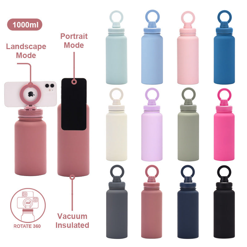 Yellow 1L Stainless Steel Water Bottle with Magnetic Phone Holder Lid - Portable Hydration & Hands-Free Stand 3
