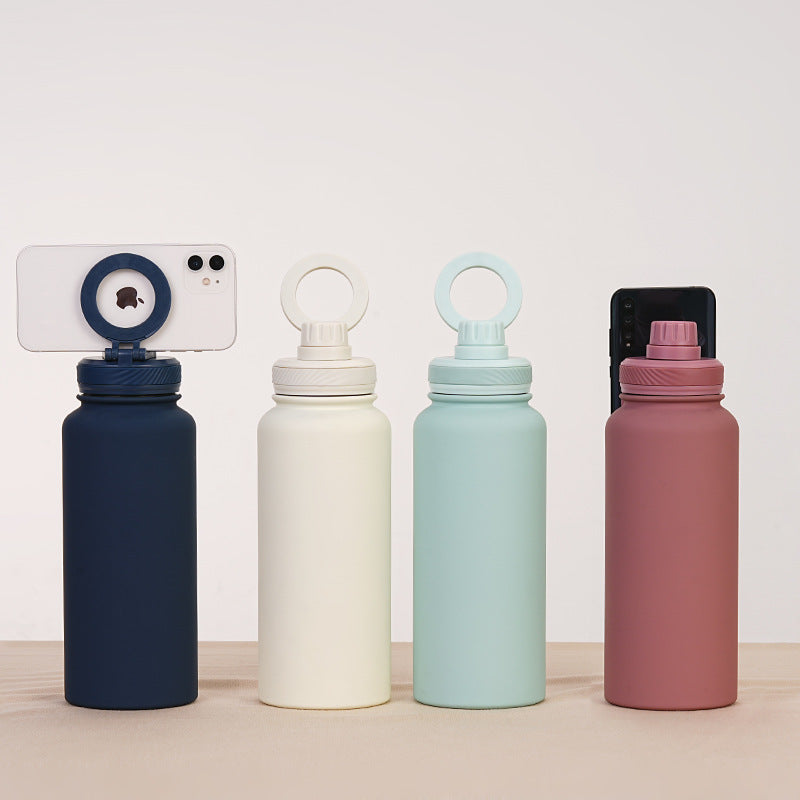 Yellow 1L Stainless Steel Water Bottle with Magnetic Phone Holder Lid - Portable Hydration & Hands-Free Stand 6