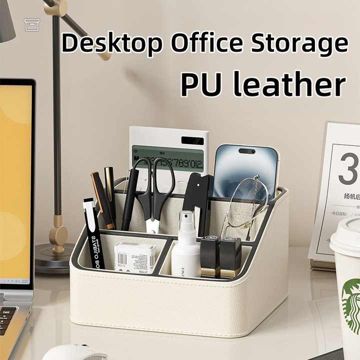 White and Black Stylish PU Leather Desktop Organizer Caddy - Multi-Compartment Holder for Remotes, Office Supplies, Makeup 4
