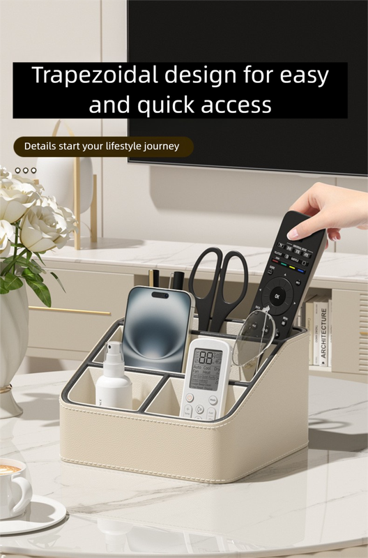 White and Black Stylish PU Leather Desktop Organizer Caddy - Multi-Compartment Holder for Remotes, Office Supplies, Makeup 5