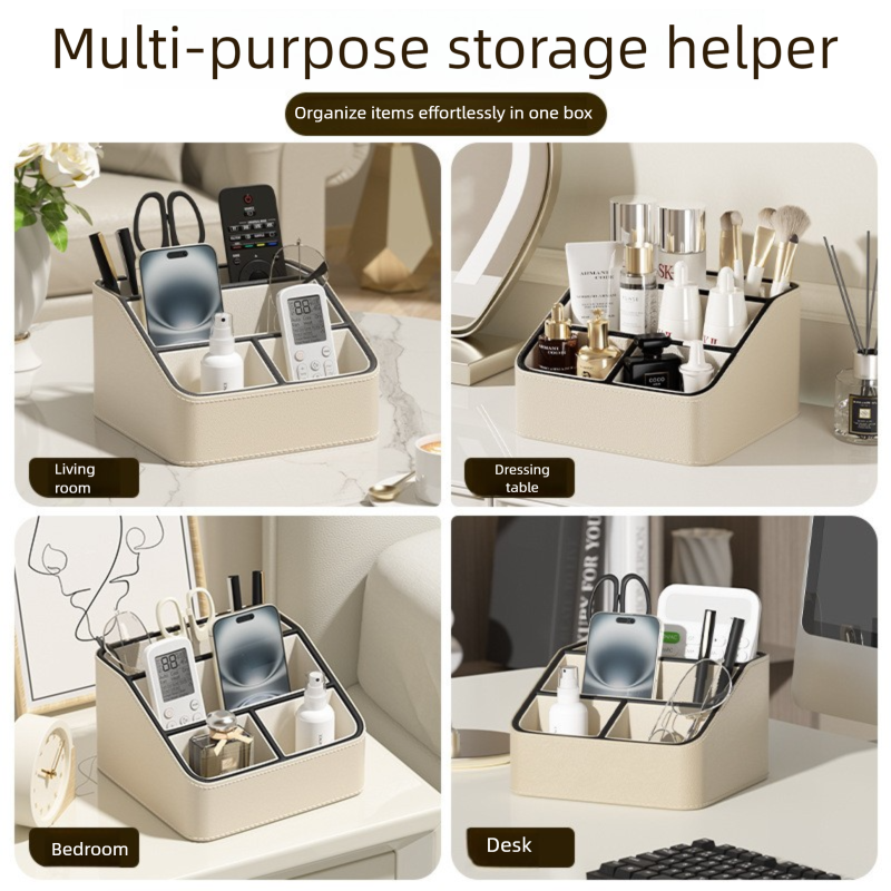 White and Black Stylish PU Leather Desktop Organizer Caddy - Multi-Compartment Holder for Remotes, Office Supplies, Makeup 6