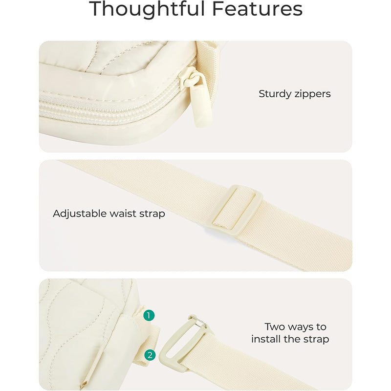 Beige Stylish Quilted Belt Bag - Lightweight Nylon Crossbody Fanny Pack 4