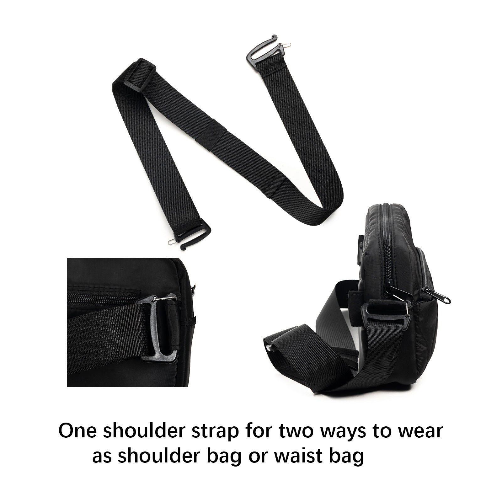 Black Stylish Quilted Belt Bag - Lightweight Nylon Crossbody Fanny Pack 3