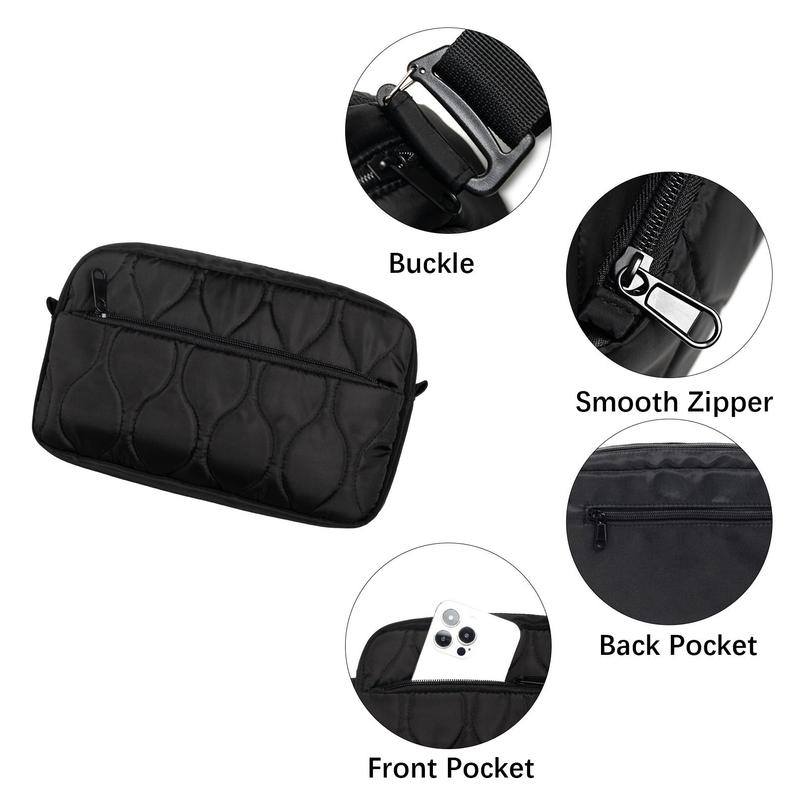 Black Stylish Quilted Belt Bag - Lightweight Nylon Crossbody Fanny Pack 4