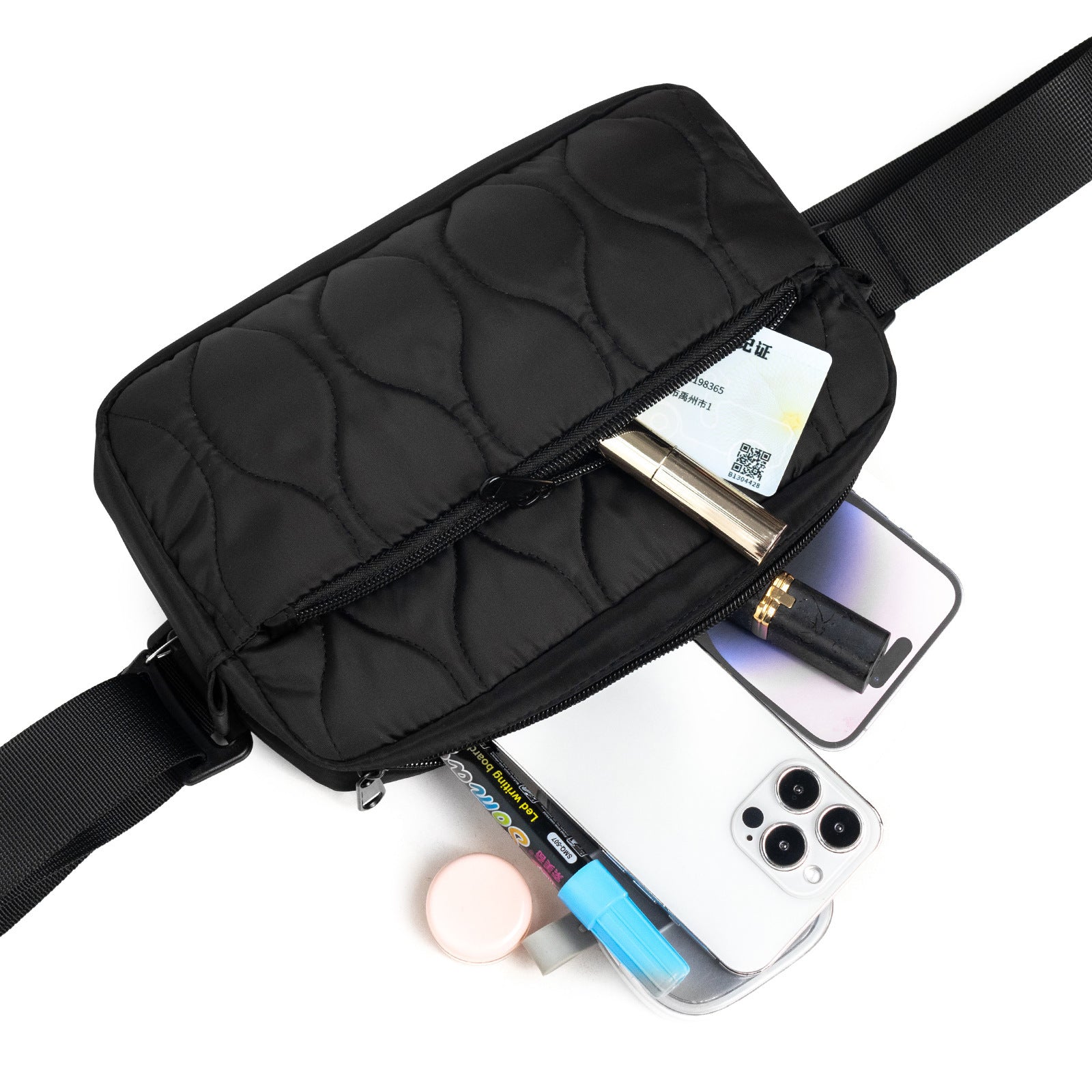 Black Stylish Quilted Belt Bag - Lightweight Nylon Crossbody Fanny Pack 6