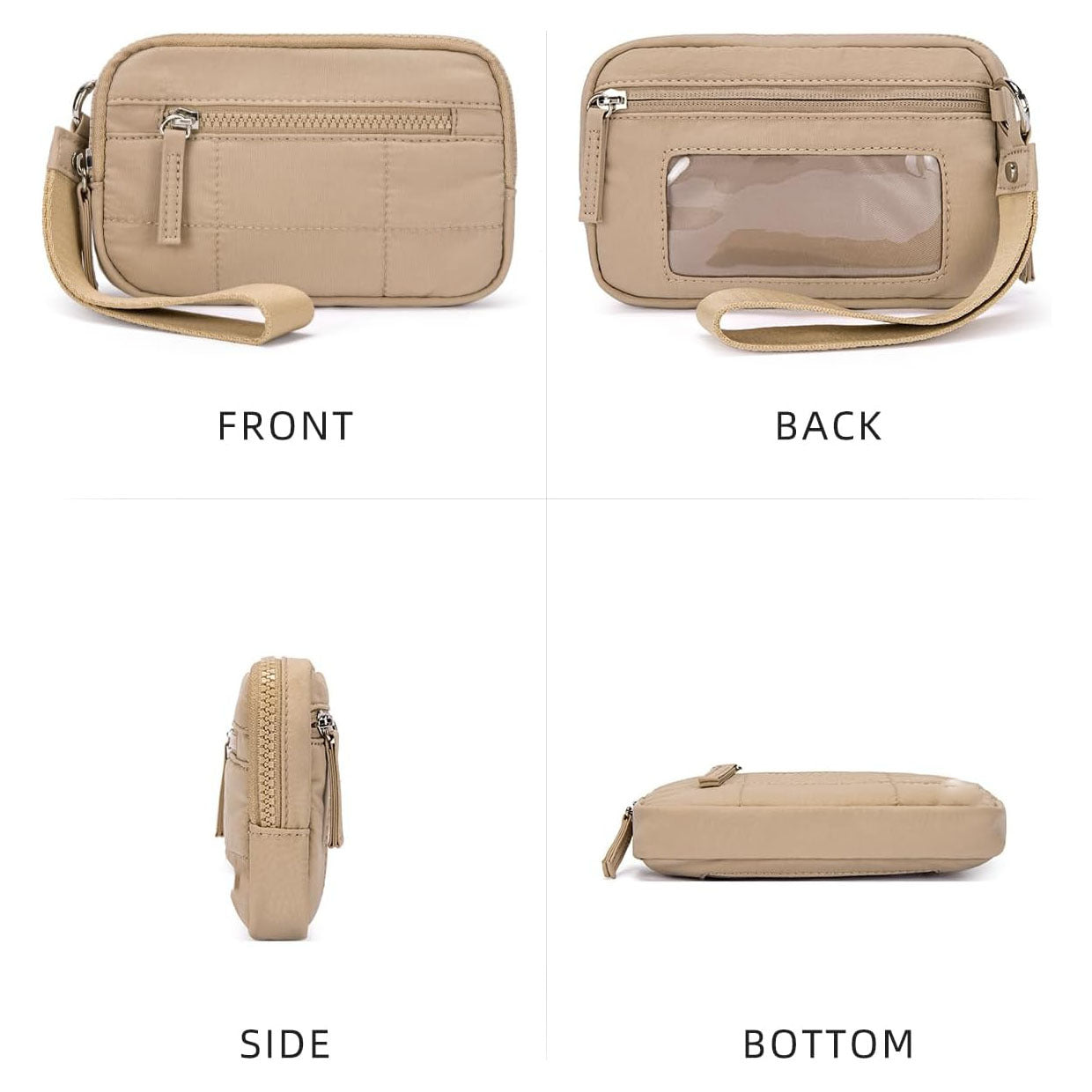 Beige RFID Blocking Nylon Wristlet Clutch Wallet - Compact Waterproof Pouch with Card Slots & ID Window 3