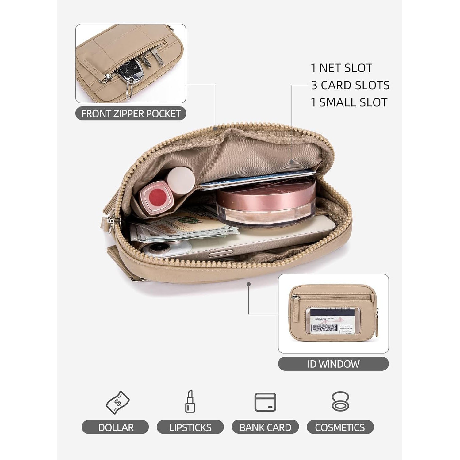 Beige RFID Blocking Nylon Wristlet Clutch Wallet - Compact Waterproof Pouch with Card Slots & ID Window 5