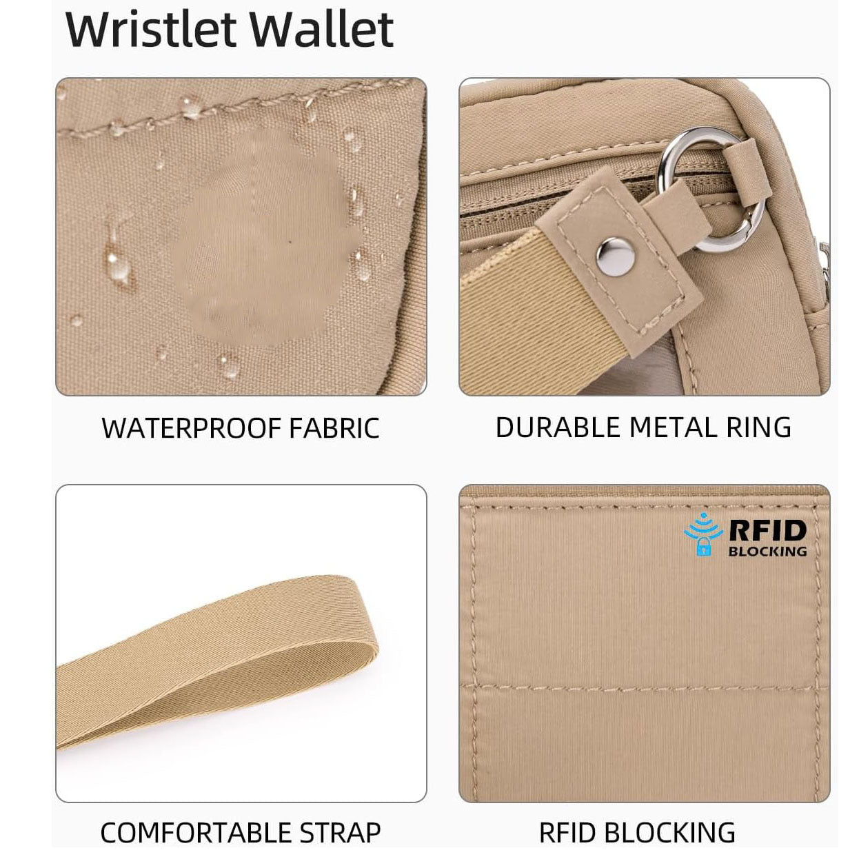 Beige RFID Blocking Nylon Wristlet Clutch Wallet - Compact Waterproof Pouch with Card Slots & ID Window 6