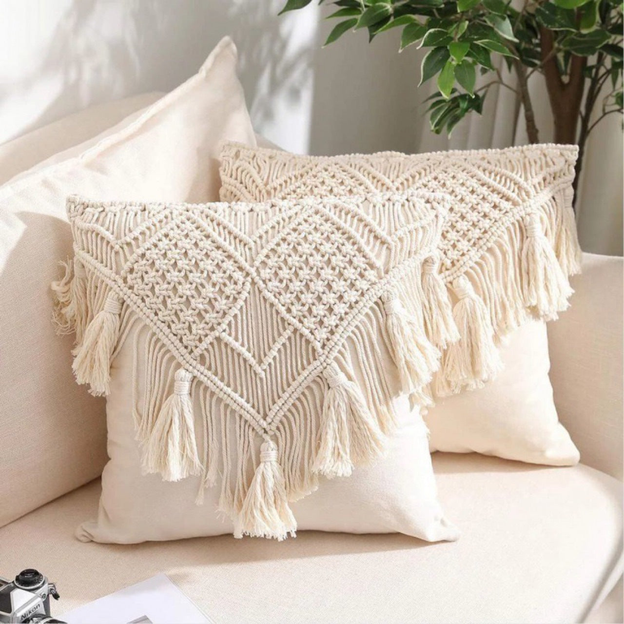 Beige Boho Chic Macrame Cushion Cover - Handmade Woven Cotton Linen Pillow Case with Tassels - Decorative Throw Pillow Sham 45x45cm (Cover Only) 3