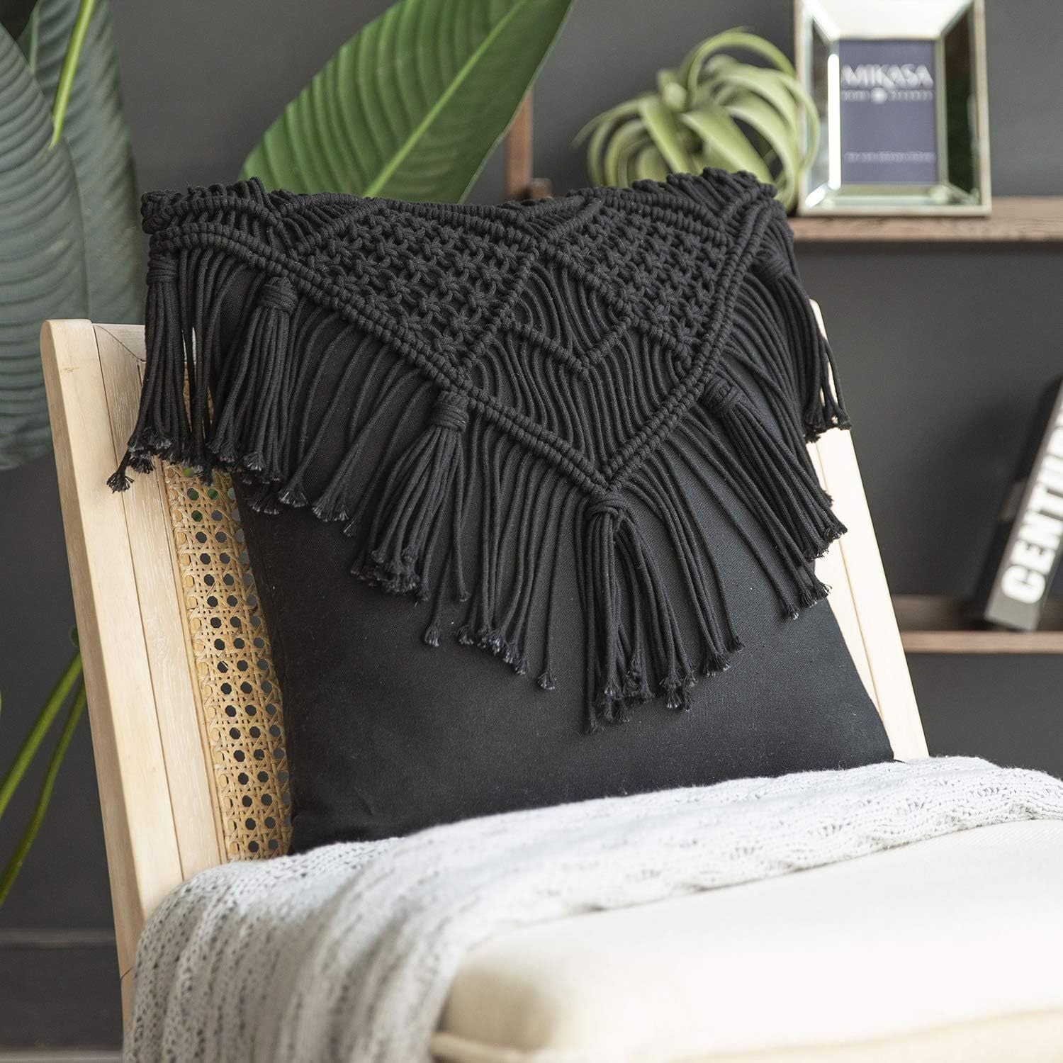 Black Boho Chic Macrame Cushion Cover - Handmade Woven Cotton Linen Pillow Case with Tassels - Decorative Throw Pillow Sham 45x45cm (Cover Only)