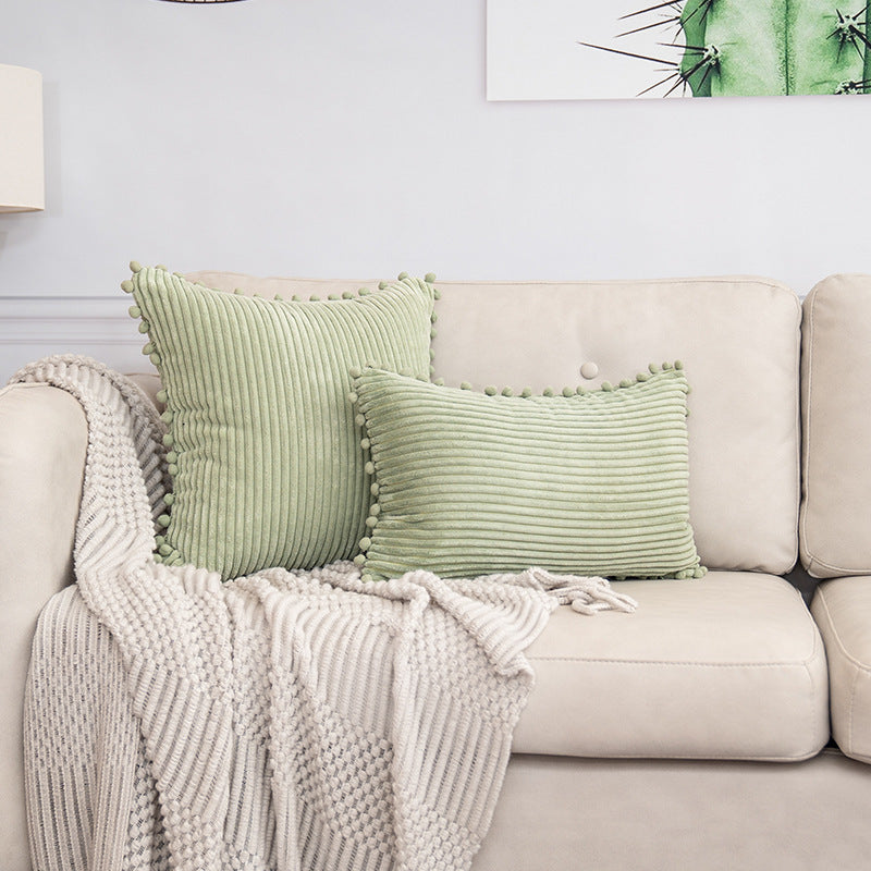 Light Green Soft Corduroy Cushion Cover Set (1 Square + 1 Rectangular) with Pom Pom Trim - Decorative Throw Pillow Cases for Sofa Couch