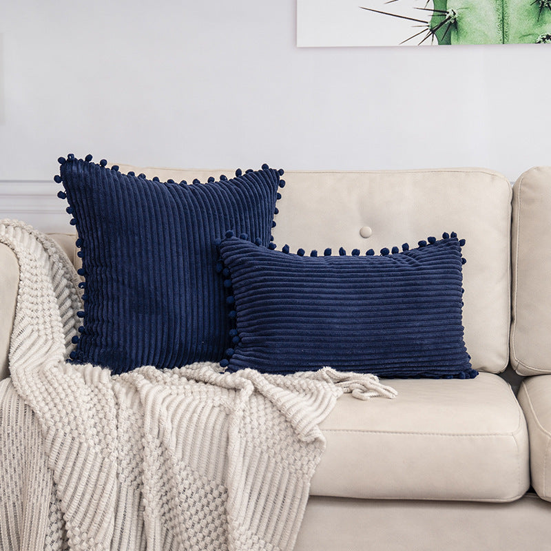 Navy Blue Soft Corduroy Cushion Cover Set (1 Square + 1 Rectangular) with Pom Pom Trim - Decorative Throw Pillow Cases for Sofa Couch