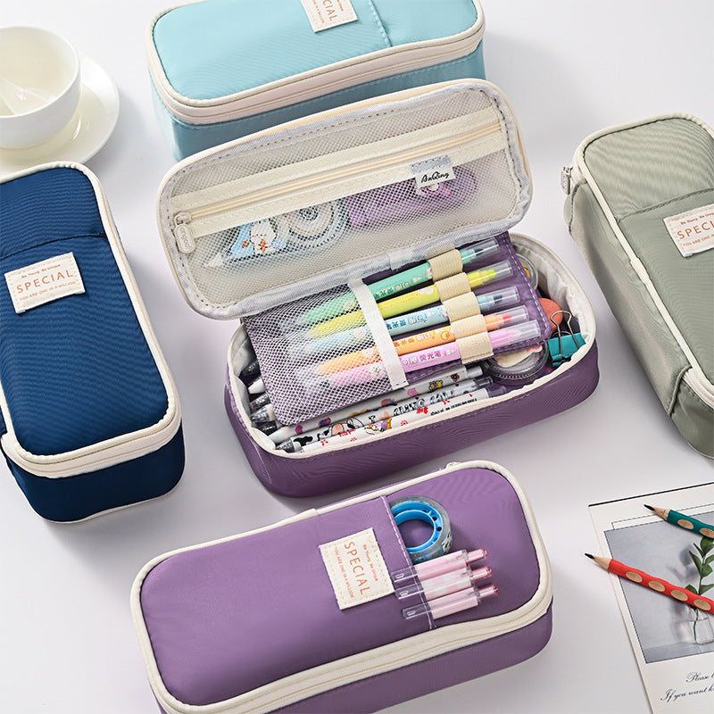 Dark Blue Large Capacity Expandable Pencil Case - Multi-Compartment Student Stationery Pouch (Only with pencil case) 3