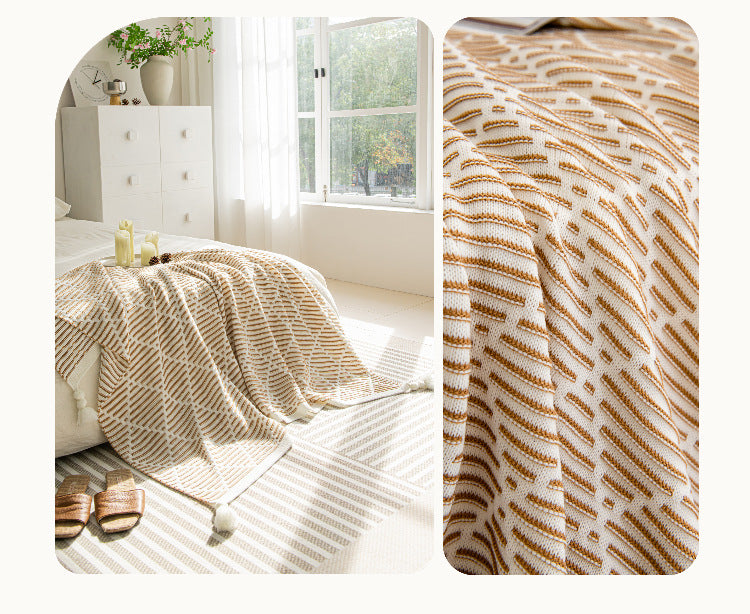 Yellow and Beige Diamond Pattern Soft Cozy Knit Throw Blanket with Tassels - Geometric Pattern Lightweight Acrylic Blanket for Sofa Couch Bed, 130x150cm 5