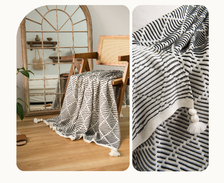 Black and Beige Diamond Pattern Soft Cozy Knit Throw Blanket with Tassels - Geometric Pattern Lightweight Acrylic Blanket for Sofa Couch Bed, 130x150cm 8